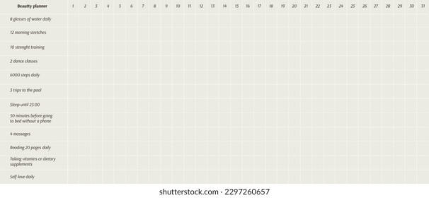 Beauty planner. A ready-made template for a woman's health and beauty. Sports, water balance, mental health. Schedule for the month. Natural tones. Modern lifestyle.
