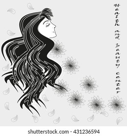 Beauty plus health vector illustration
Vector illustration black and white on a gray background drawing a girl with long hair, flowers and petals label health and beauty center