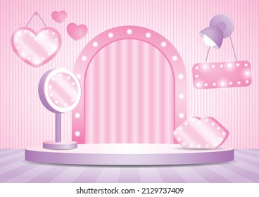 beauty podium display stage with light bulb arch backdrop and cute girly stuff 3d illustration vector for putting your object