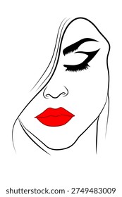 Beauty Portrait With Red Lips And Dramatic Eye Makeup Minimal Vector Fashion Illustration - vector art