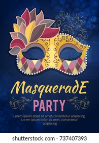 Beauty poster illustration of mask with feather. Design template invitation carnival party. Festival carnival mask poster vector