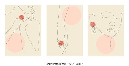 Beauty poster Set. Self Care concept. A woman applies cream on her hands and face. Simple linear illustration.