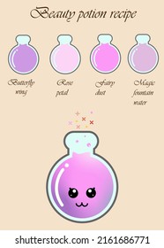Beauty potion Witchcraft book page. Magic potion recipe
