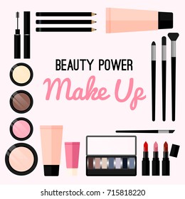 Beauty power make up set with cream, lipstick, blusher, powder, eyeshadow and mascara. Flat design illustration with make up tools.