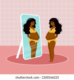beauty Pregnant american woman Woman without clothes in underwear is standing and looking in the mirror. Vector Illustration. Healthy Lifestyle. Pregnant Girl.