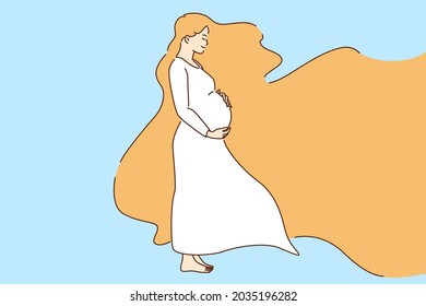 Beauty of pregnant woman concept. Young smiling pregnant woman cartoon character standing hugging belly feeling happy with hair flying vector illustration 