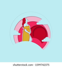 Beauty pregnant woman. Paper cut Vector illustration of women waiting for a baby. Happy mom expecting baby. Pregnancy.