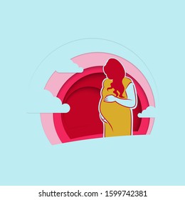 Beauty pregnant woman. Paper cut Vector illustration of women waiting for a baby. Happy mom expecting baby. Pregnancy.