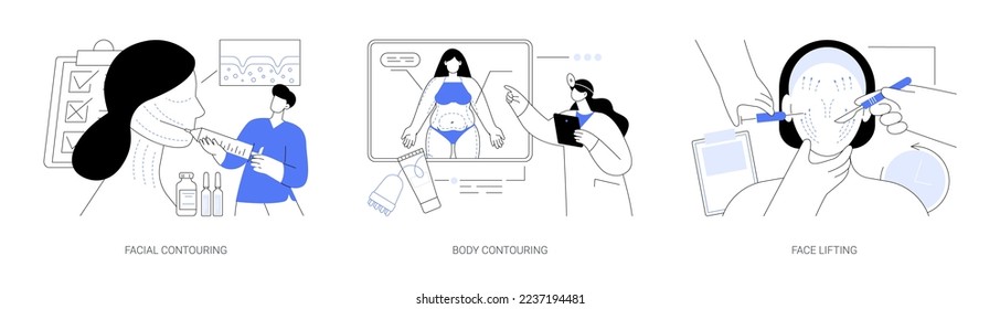 Beauty procedure abstract concept vector illustration set. Facial and body contouring, face lifting, plastic surgery, anti-age treatment, aesthetic cosmetic, skin rejuvenation abstract metaphor.