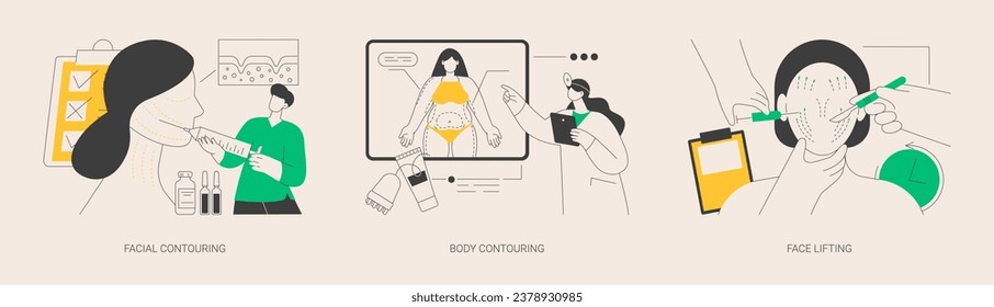 Juego de ilustraciones vectoriales abstractas de procedimientos de belleza. Contorsión facial y corporal, levantamiento facial, cirugía plástica, tratamiento antiedad, cosmética estética, metáfora abstracta de rejuvenecimiento cutáneo.