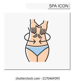 Beauty procedure color icon. Abdominal massage. Gentle massaging movement to relax muscles and improve health. Cosmetology. Spa concept. Isolated vector illustration