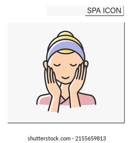 Beauty procedure color icon. Facial massage for woman. Face lifting, delicate care by cream. Cosmetology. Spa concept. Isolated vector illustration