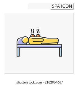 Beauty procedure color icon. Hot stone massage on back. Relaxing and easing tense muscles. Cosmetology. Spa concept. Isolated vector illustration