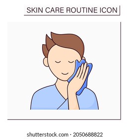 Beauty procedure color icon. Man wipe face by special wiping cloth. Cosmetology. Skin care routine concept. Isolated vector illustration