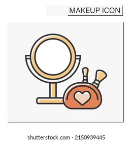  Beauty procedure color icon. Table mirror with illumination and makeup kit. Makeup concept. Isolated vector illustration