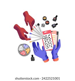 Beauty procedure. Female hands choose stylish design, nail polish color, tinsel, stamping plate for manicure. Professional fingernails care tools. Flat isolated vector illustration on white background