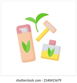 Beauty procedure flat icon. Reusable razor, shaving gel, perfume. Natural cosmetic concept. Color vector illustration