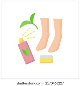 Beauty procedure flat icon. Serum for feet moisturizing. Feet spray, cream, care and cosmetology.Natural cosmetic concept. Color vector illustration