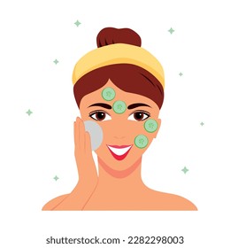 Beauty procedure flat icon with smiling woman applying cucumber mask vector illustration