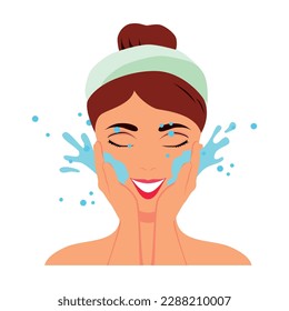 Beauty procedure flat icon with smiling woman washing face with water vector illustration