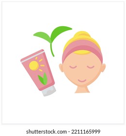 Beauty procedure flat icon. Sunscreen for face.Face care. Protection from sun and ultraviolet.Cosmetology.Natural cosmetic concept. Color vector illustration