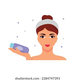 Beauty procedure flat icon with woman with clean skin face holding cosmetic product vector illustration