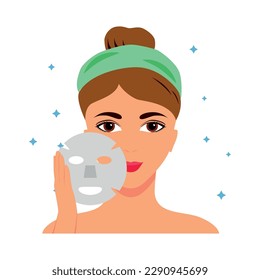 Beauty procedure flat icon with young woman applying sheet mask on face vector illustration