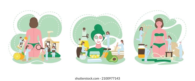 Beauty procedure flat set with three isolated compositions of women applying cosmetics to body and face vector illustration