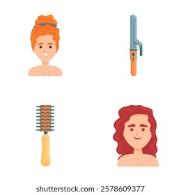 Beauty procedure icons set cartoon vector. Woman take care of her hair. Hair care concept