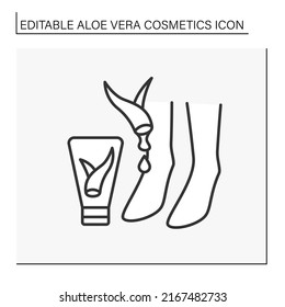 Beauty Procedure Line Icon. Aloe Vera Extract For Feet Moisturizing And Care. Cream For Dry Feet And Cracked Heels. Aloe Vera Cosmetics Concept. Isolated Vector Illustration. Editable Stroke