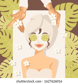 Beauty procedure in spa salon, vector illustration. Luxury skincare treatment in relaxing atmosphere, facial mask from natural ingredients. Woman cartoon character enjoying spa beauty skin treatment