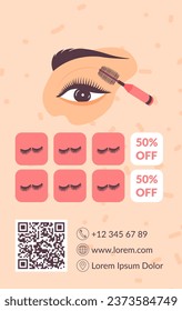 Beauty procedure for women, eyebrow and lashes extension and correction of shape. Discount and business card with info. Loyalty card for clients and customers of service. Vector in flat style