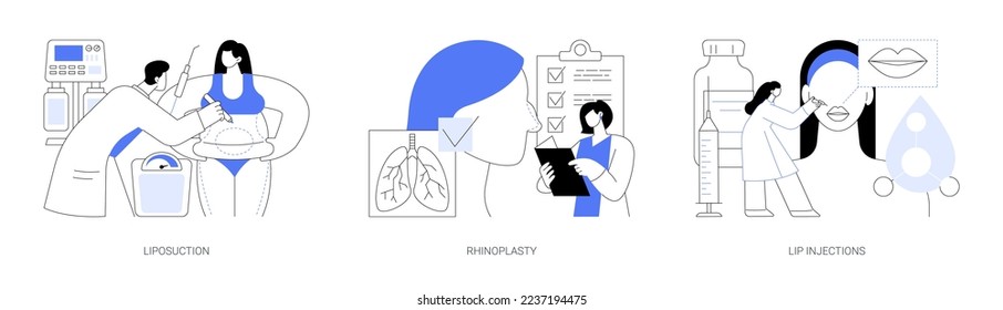 Beauty procedures abstract concept vector illustration set. Liposuction and rhinoplasty, filler lip injection, plastic surgery and body contouring, improve aesthetic appearance abstract metaphor.