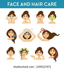 Beauty procedures face and hair care lotion or cream and makeup remover hydration and green herbal mask brushing and washing or drying curling and dying shampoo and curlers woman and skincare.