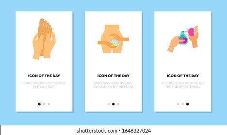 Juego de iconos planos de procedimientos de belleza. Mostrador vectorial aislado de masaje, estético, salón. Concepto de autoatención y salud. Elementos de símbolo de ilustración vectorial para diseño web y aplicaciones