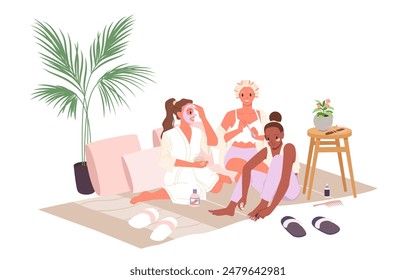 Beauty procedures for girls at hen party, sleepover of best friends. Cute girls in pajamas doing facial mask, manicure and pedicure while sitting on carpet and pillows cartoon vector illustration