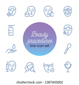 Beauty procedures line icon set. Set of line icons on white background. Face, girl, beauty injection. Beauty care concept. Vector illustration can be used for topics like spa salon, beauty