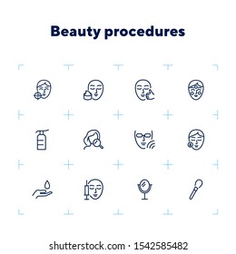 Beauty procedures line icon set. Set of line icons on white background. Face, girl, beauty injection. Beauty care concept. Vector illustration can be used for topics like spa salon, beauty