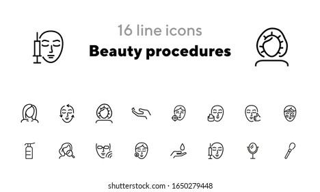 Beauty procedures line icon set. Set of line icons on white background. Face, girl, beauty injection. Beauty care concept. Vector illustration can be used for topics like spa salon, beauty