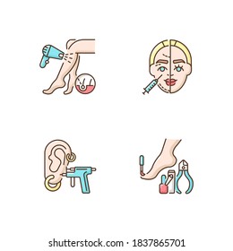 Beauty procedures RGB color icons set. Laser hair removal. Skin injections. Pedicure. Piercing. Nail polish. Beauty procedures. Beautician services. Isolated vector illustrations