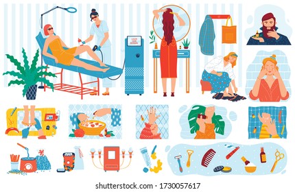 Beauty procedures, skin care treatment, spa cosmetology people cartoon characters, vector illustration. Manicure and pedicure for beautiful women, beard grooming for men. Face and hands hygiene salon