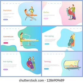 Beauty procedures vector, skincare and hair styling. Depilation and barber service, cosmetician and tanning in solarium, salon and spa, masters and clients. Website template landing page in flat style