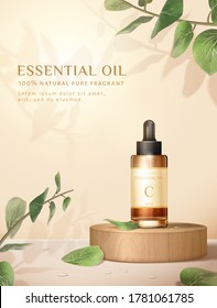 Beauty Product Ad, Concept Of Natural Skincare, Dropper Bottle Mock-up Set On Wooden Block With Eucalyptus Leaves