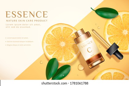 Beauty product ad, concept of simple skincare, dropper bottle mock-up set on minimal yellow background with sliced lemons