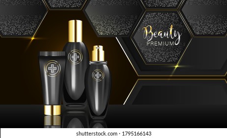 Beauty product ad design, black cosmetic containers with collagen solution advertising background ready to use, luxury skin care banner, illustration vector.	
	