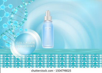 Beauty product ad design, blue cosmetic container with collagen solution advertising background ready to use, luxury skin care banner, illustration vector.	
