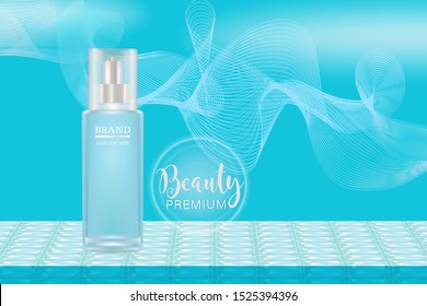 Beauty product ad design, blue cosmetic container with collagen solution advertising background ready to use, luxury skin care banner, illustration vector.	