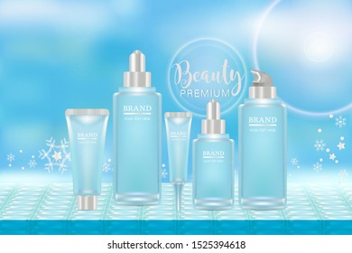 Beauty product ad design, blue cosmetic containers with holiday concept advertising background ready to use, luxury skin care banner, illustration vector.	