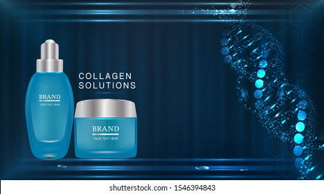 Beauty product ad design, blue cosmetic containers with collagen solution advertising background ready to use, luxury skin care banner, illustration vector.	
