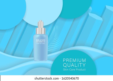 Beauty product ad design, blue cosmetic container with collagen solution advertising background ready to use, luxury skin care banner, illustration vector.	